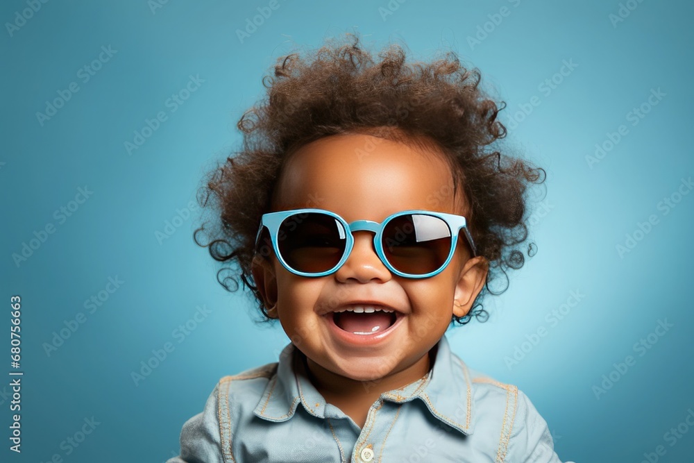 black baby with blue sunglasses and blue background black baby with blue sunglasses and blue background