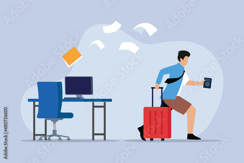 Businessman running away from work for a vacation