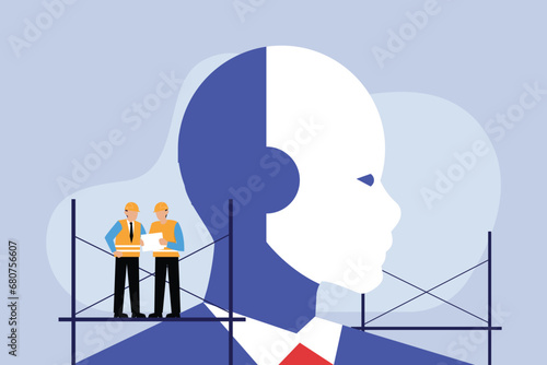 Engineers and builders working to make a giant modern robot