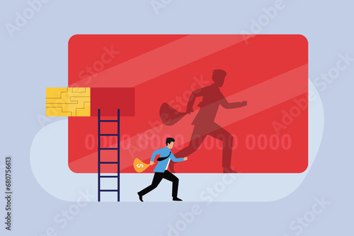 Businessman stealing and running away from credit card
