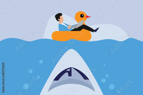 Businessman floating in water on a rubber duck with shark underneath
