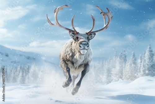 nimated reindeer prancing in the snow AI generated illustration