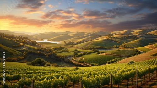 picturesque  scene of a vineyard at sunset with rolling hills  AI generated illustration