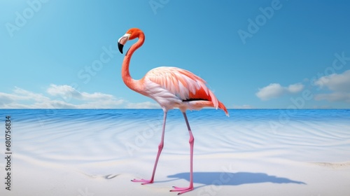 playful model of a pink flamingo standing one-legged on white sand AI generated illustration