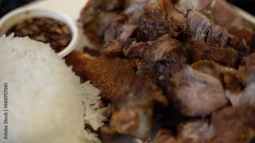 Food. Dish with rice and pork. Close-up. Food. Dish with rice and pork. Close-up.