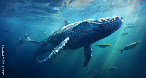 The giant whale swimming underwater under the blue sky
