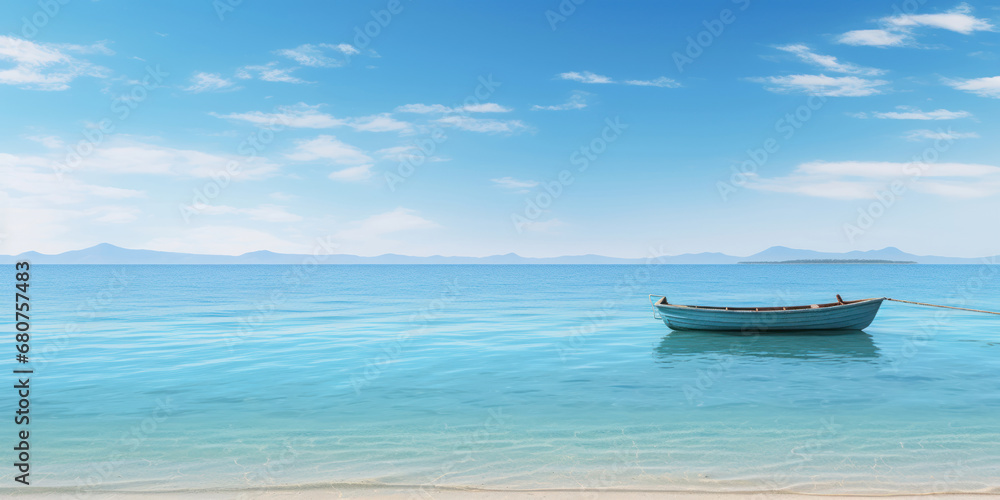Serene beach scene with a wooden boat adrift in shallow waters Serene beach scene with a wooden boat adrift in shallow waters
