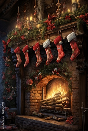 High-realism artwork of Christmas stockings hanging over the fire AI generated illustration