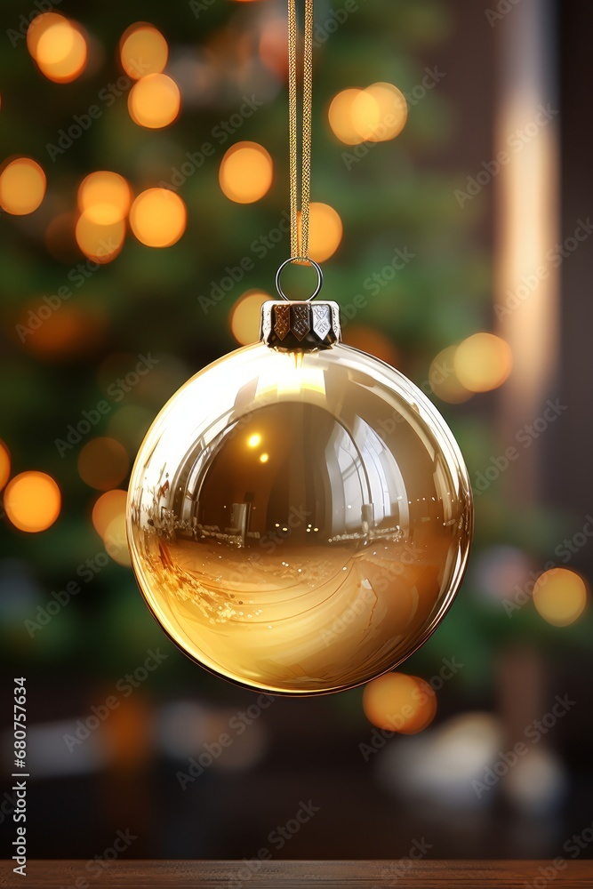 Realistic rendering of a shiny ornament hanging on a Christmas tree AI generated illustration Realistic rendering of a shiny ornament hanging on a Christmas tree AI generated illustration