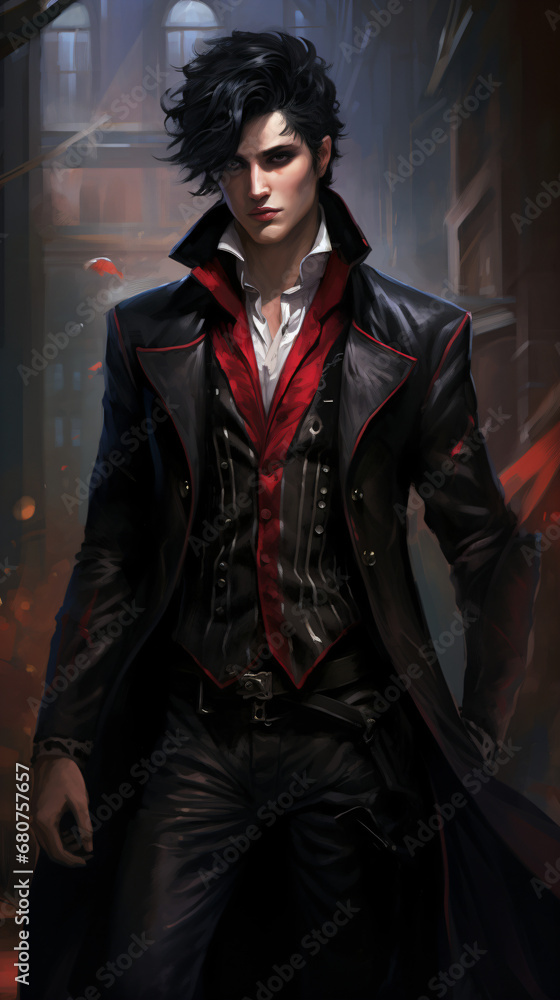 A young handsome man vampire with pale skin in a victorian black coat and red shirt