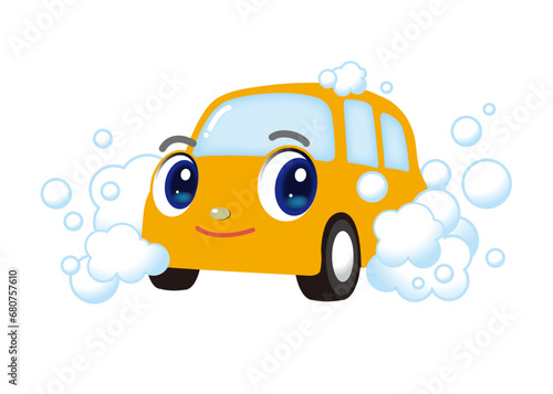 洗車であわあわの、かわいいイエローの車
