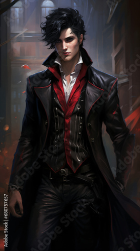 Obraz na płótnie A young handsome man vampire with pale skin in a victorian black coat and red shirt w salonie