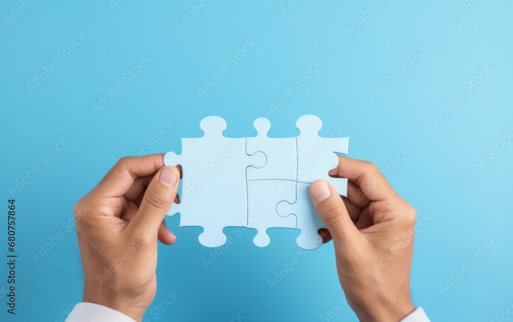 Hand Holding Puzzle Isolated on Blue Background, Generative ai Hand Holding Puzzle Isolated on Blue Background, Generative ai