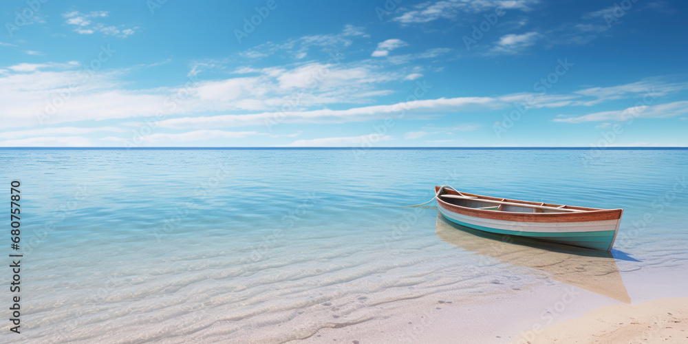 Serene beach scene with a wooden boat adrift in shallow waters