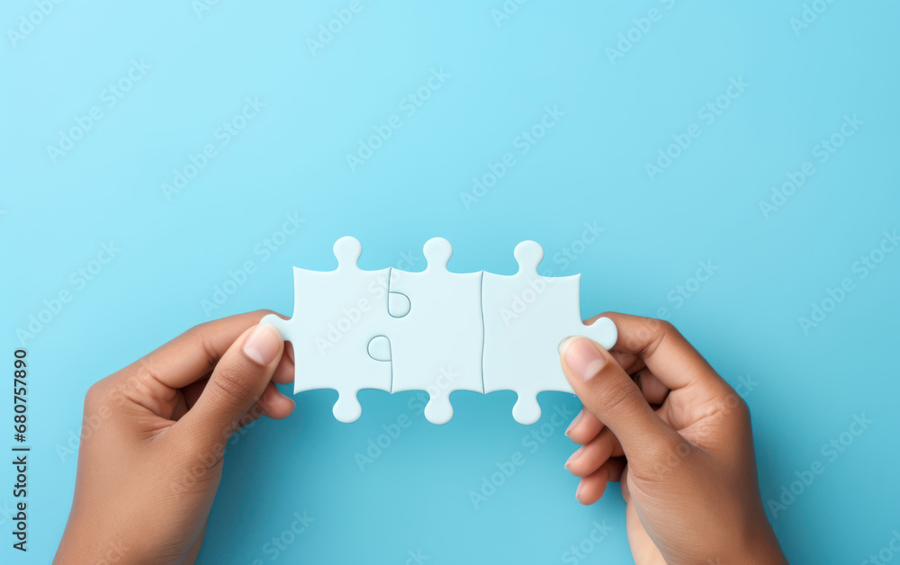 Hand Holding Puzzle Isolated on Blue Background, Generative ai Hand Holding Puzzle Isolated on Blue Background, Generative ai