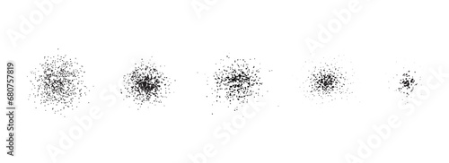 Stippled radial brush strokes. Grain dotted gradient collection. Grunge sprinkle spray texture. Dirty dust sand noise round element set. Splattered dotted overlays. Black splashed stains spots vector