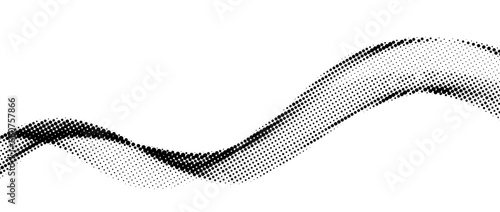 Halftone wave background. Dotted flowing shape wallpaper. Abstract wavy fluid backdrop texture. Black curved liquid line element for poster, banner, overlay, card, brochure, flyer, booklet. Vector