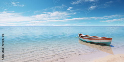 Serene beach scene with a wooden boat adrift in shallow waters © PRI
