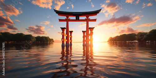 Torii gate stands majestically over water as the sun sets