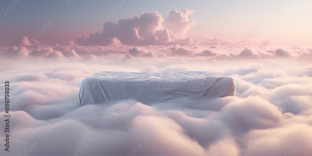 High above, a mattress lies serenely on a bed of clouds - obrazy, fototapety, plakaty 