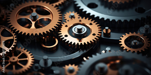 The contrast of metallic gears and cogs set against a deep, dark background