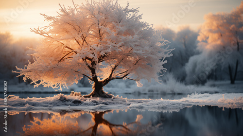 White frozen tree on winter snow forest background. Winter holiday theme. Winter frost landscape.