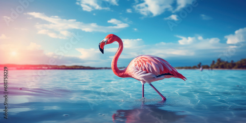 Graceful flamingo in the water, with the beach as a backdrop