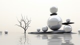 surreal  stack of monochrome marbles on a stark white landscape  AI generated illustration