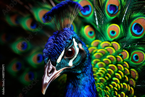 A close up of a peacock with its feathers spread out