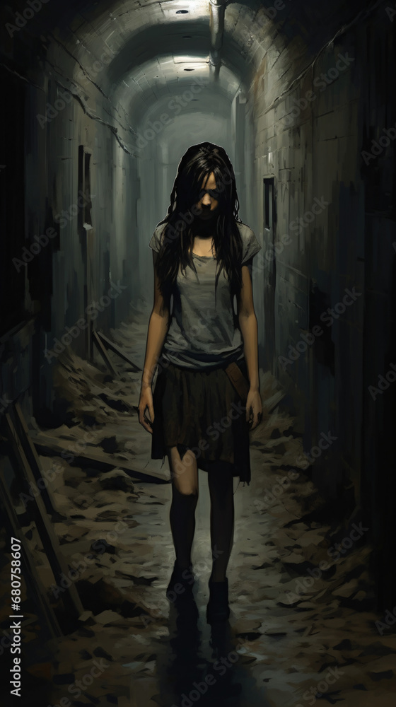 A little girl walking down a dark alleyway with tattered clothes