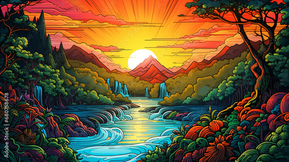A vibrant colorful digital painting sunset over a river with thick black lines contour