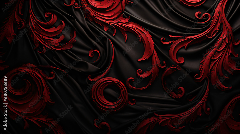 A red and black fabric with swirling ornaments 