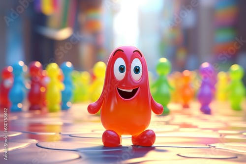 Smiling cute jelly bean character surrounded by a crowd of colorful friends. photo