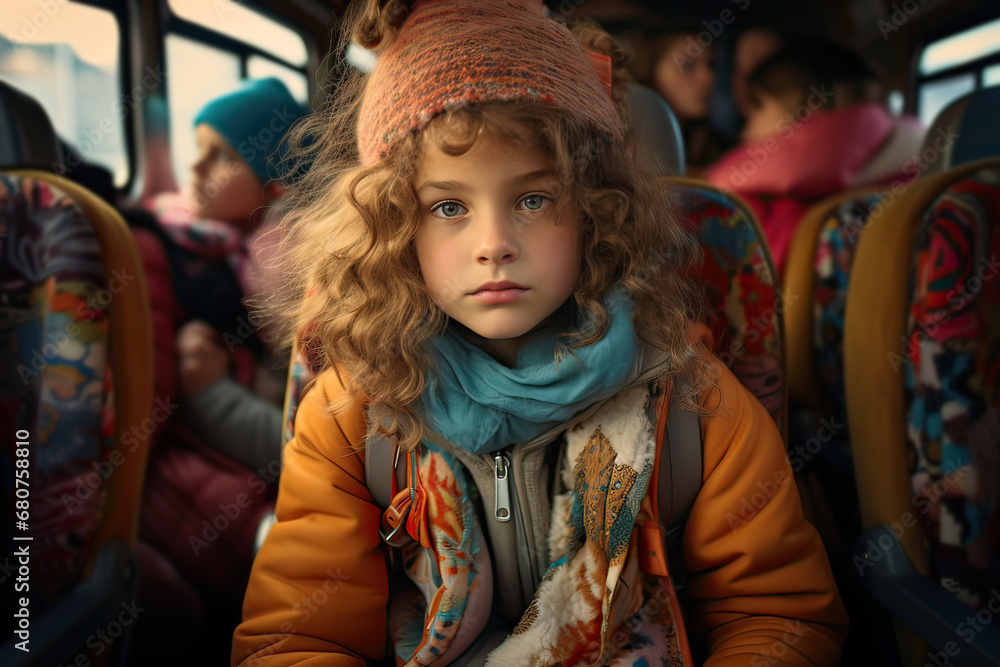 Portrait of a girl inside school bus. Generative AI.