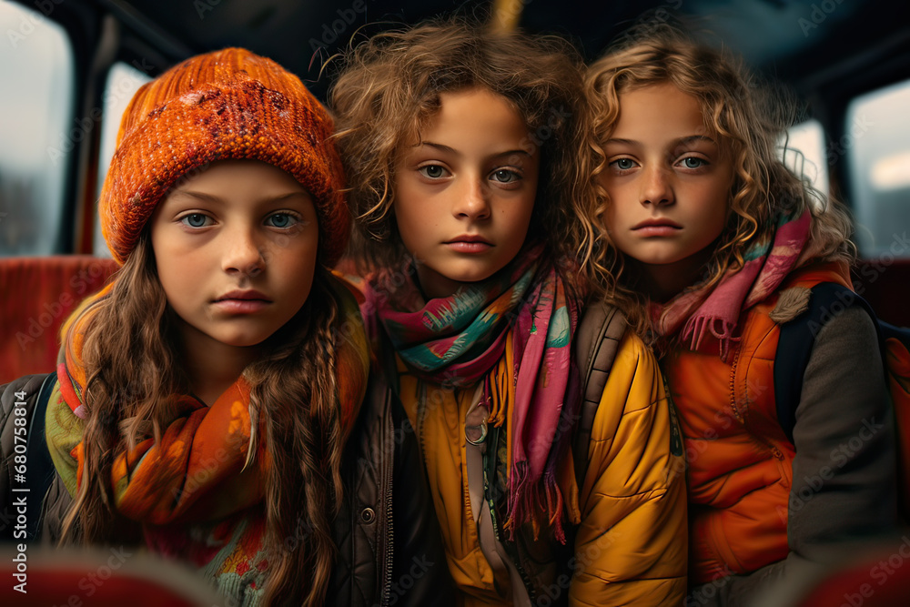 Portrait of three latin students inside school bus. Generative AI. Portrait of three latin students inside school bus. Generative AI.