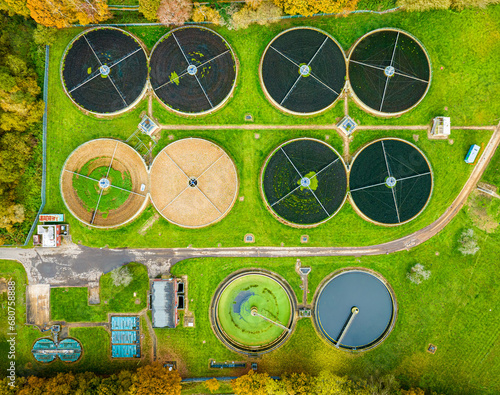 Aerial view of waste water purification sewage treatment plant in Surrey, England
