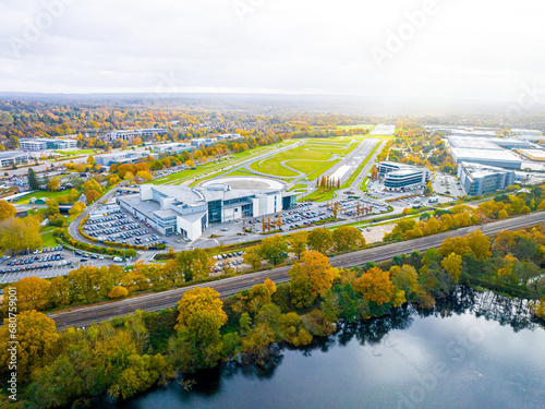 Aerial view of motor racing circuit and in Brooklands near Weybridge in Surrey, England photo