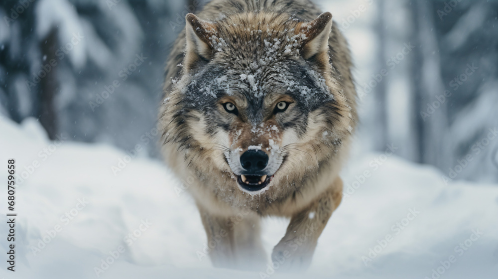 A wolf is walking through the snow in the woods with a menancing look showing it's fangs