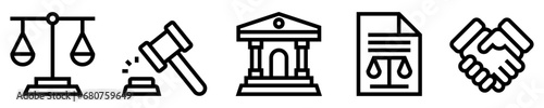 Conjunto de iconos de servicios legales. Ley. Balanza y martillo de justicia, tribunal, documento legal, acuerdo. Ilustración vectorial photo