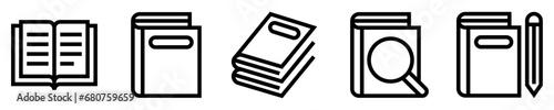 Conjunto de iconos de libro. Lectura, escritura y aprendizaje. Libro abierto, cerrado, con lupa, lápiz, pila de libros. Ilustración vectorial photo