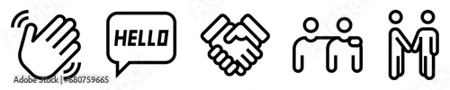 Conjunto de iconos de saludo. Gesto cordial, bienvenida. Mano saludando, hello, apretón de manos, abrazo amistoso, personas saludándose. Ilustración vectorial