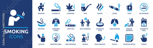Smoking icon set. Containing cigarette, cannabis, smoke, vape, cigar, ashtray, nicotine and more. Solid vector icons collection. photo