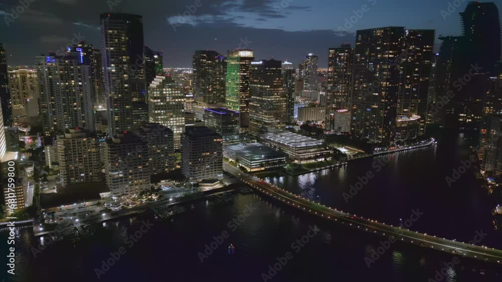 Aerial of Downtown Modern American City Miami at night in Florida