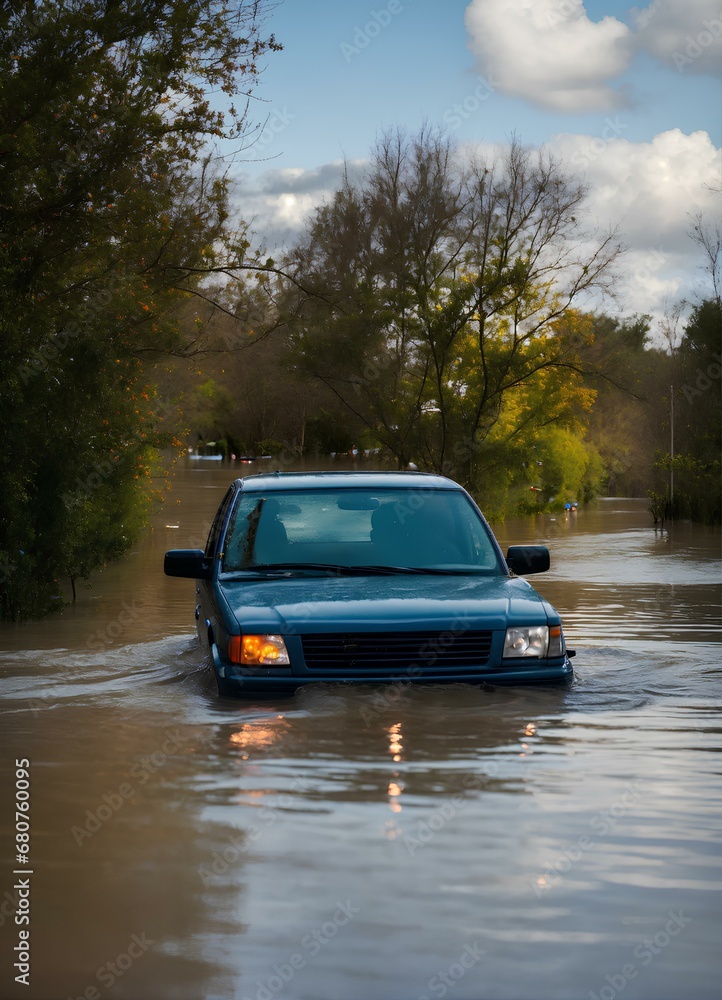 冠水した道路で車の一部が水没した、 台風の豪雨|Part of the car was submerged in water on the flooded road. Typhoon heavy rain. Generative AI 冠水した道路で車の一部が水没した、 台風の豪雨|Part of the car was submerged in water on the flooded road. Typhoon heavy rain. Generative AI