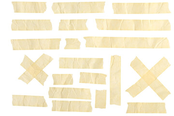 Strips and pieces - masking tape and adhesive on transparent background. Sticky scotch, duct paper. Isolated. 