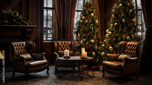 A room with a Christmas tree and chairs