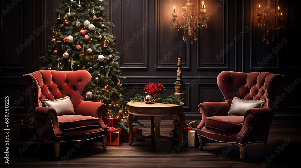 Obraz premium A room with a Christmas tree and chairs