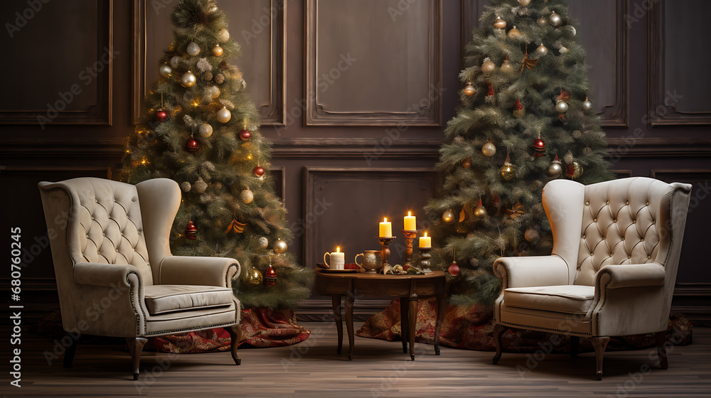 A room with a Christmas tree and chairs A room with a Christmas tree and chairs