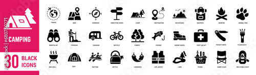Camping solid black icons set. Travel, map, compass, picnic, backpack, binoculars, caravan, trekking and forest. Vector illustration
