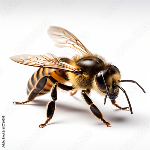 A close up of a bee isolated on a white background